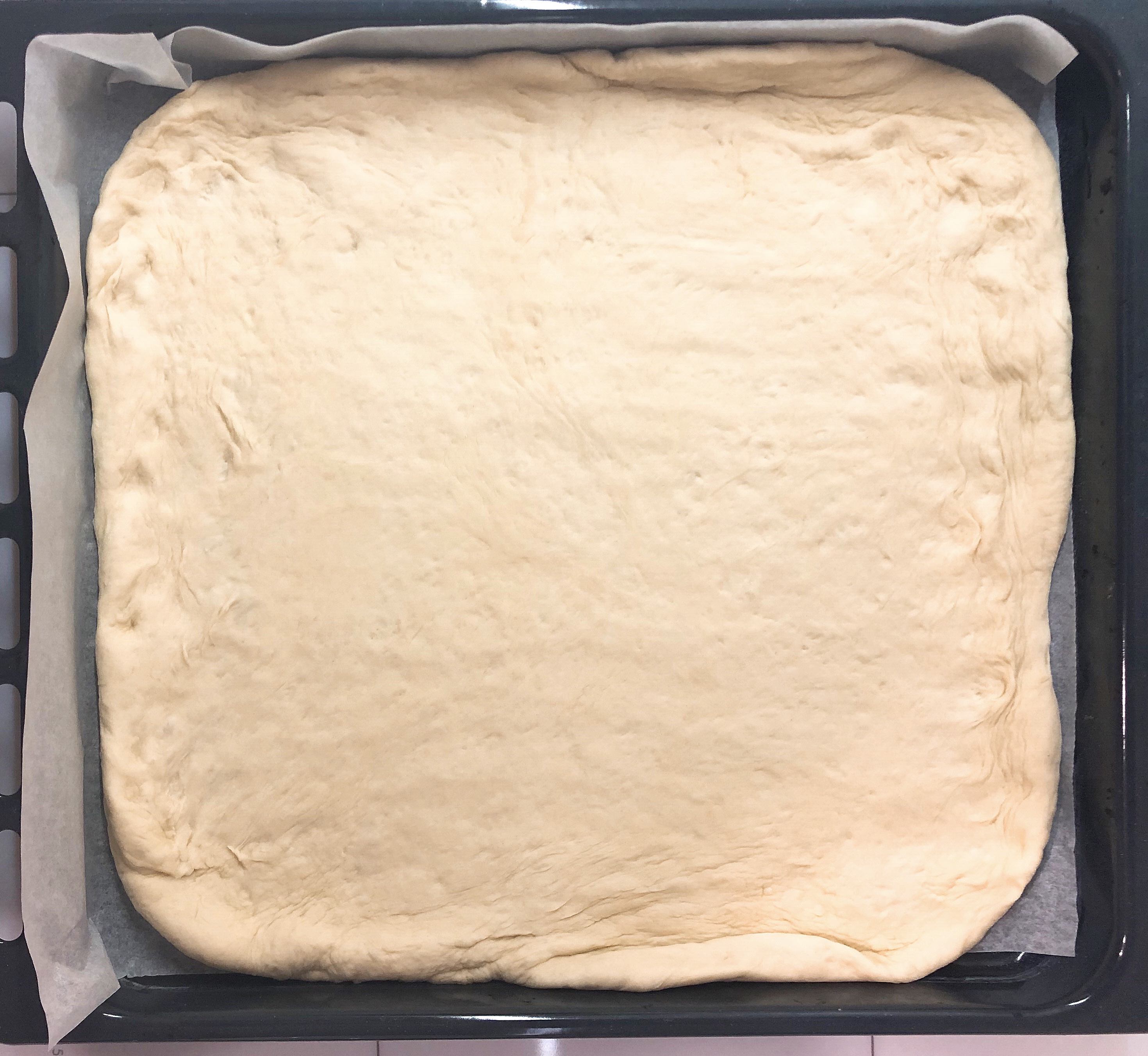 Pizza dough on a baking sheet